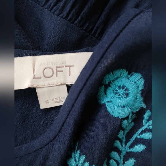 LOFT Navy Blue & Teal Embroidered Floral Drop Waist Dress Size Small - Picture 3 of 8